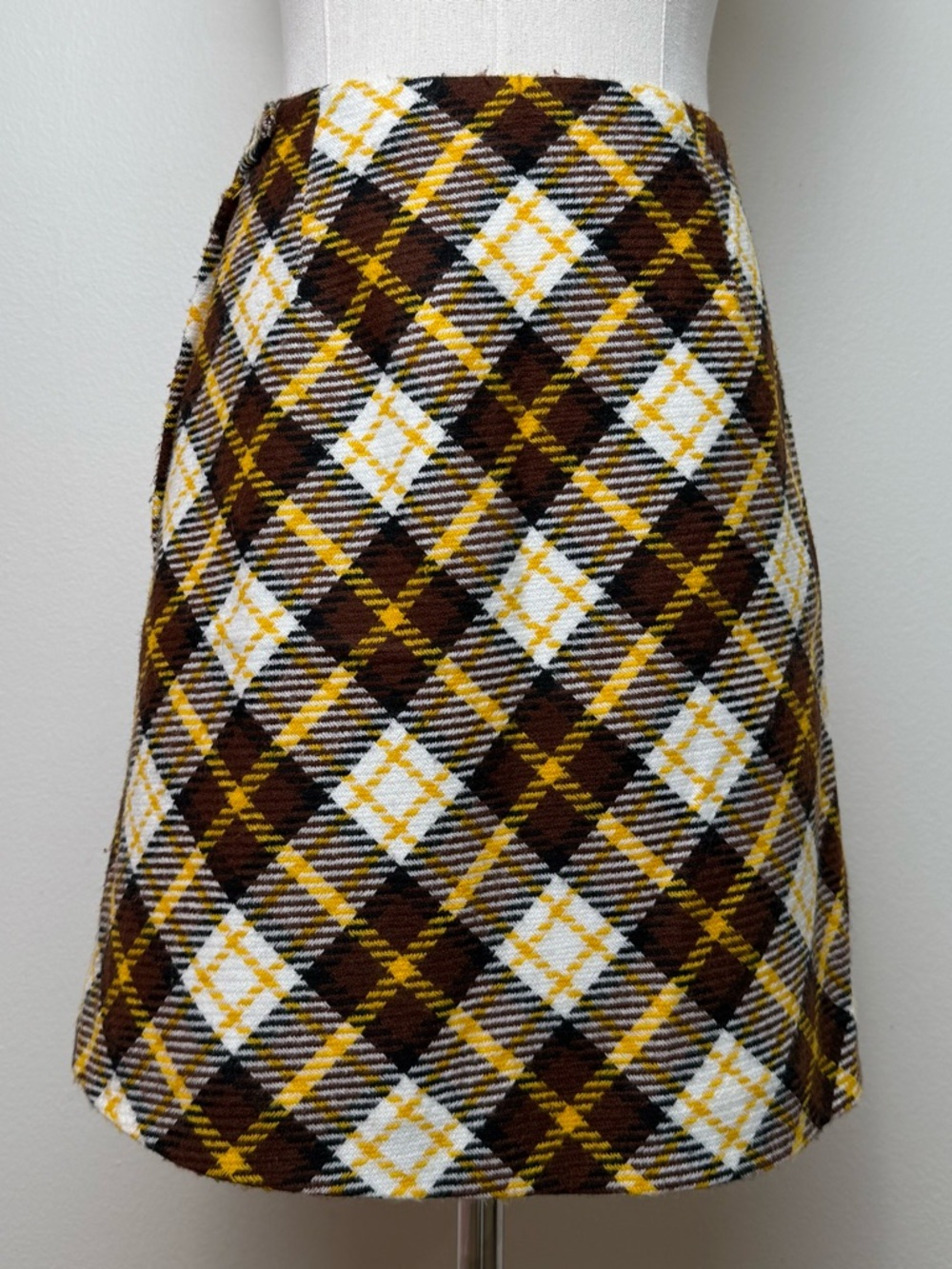 True Vintage 60s Brown Yellow White Plaid A Line Mod Skirt